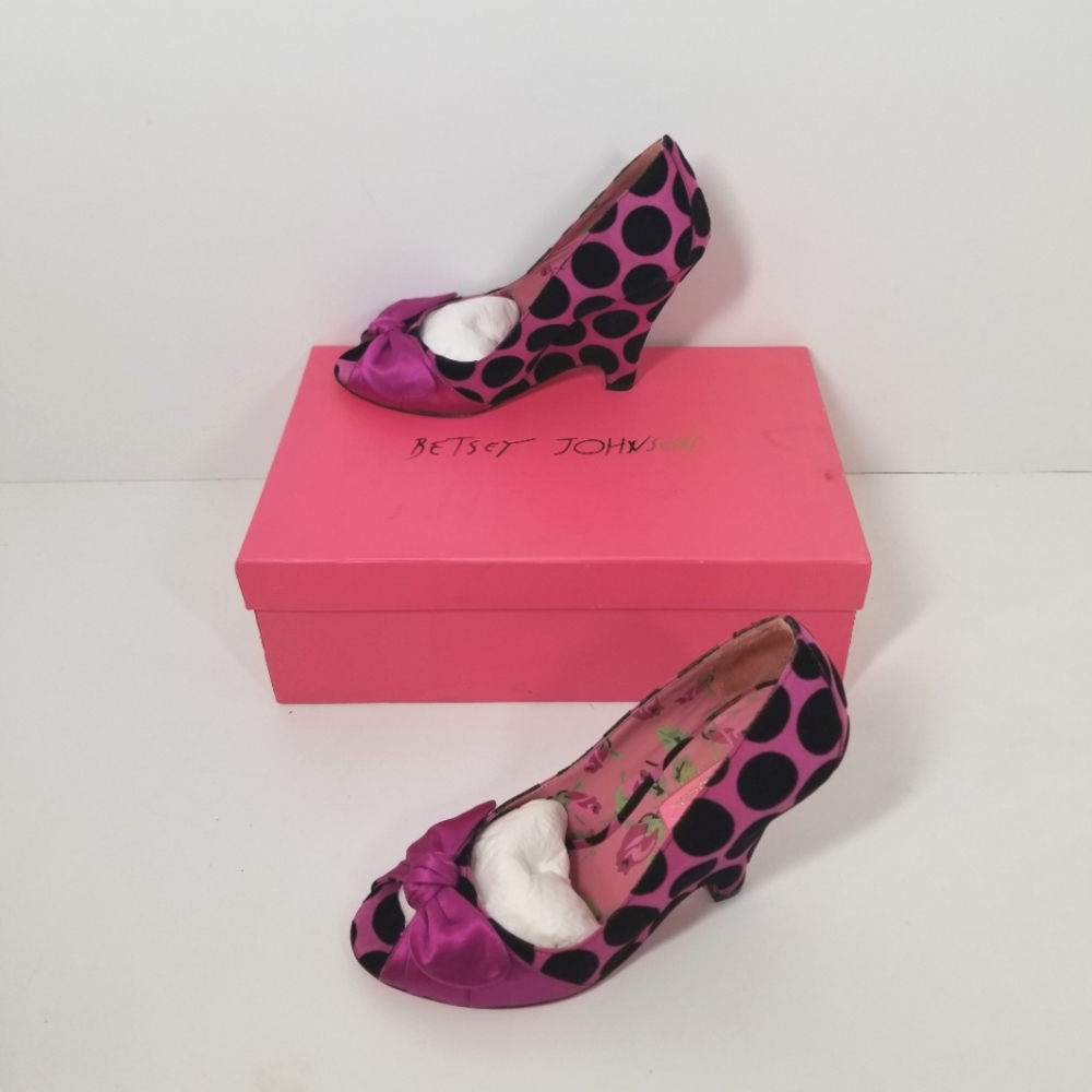 Betsey Johnson Yori Pink Black Velvet Polka Wedge Peep Toe Heels Women Size 6.5